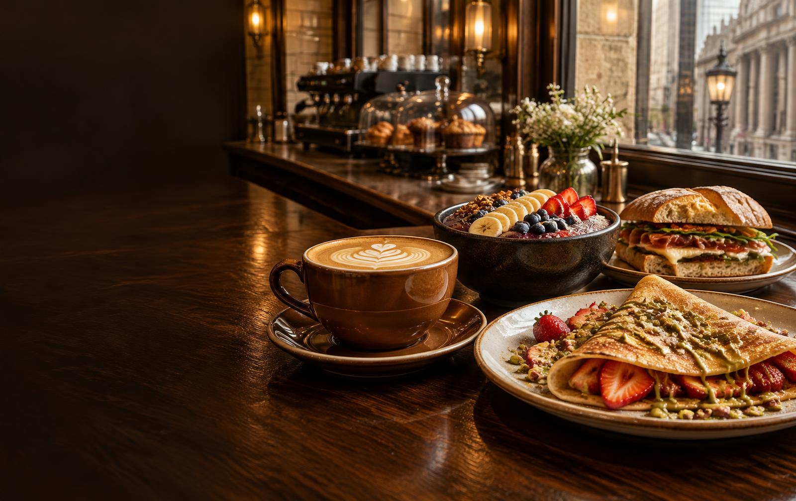 Mocha, acai bowl, sandwich and pistachio crepe at NYC Coffee Mocha & Food