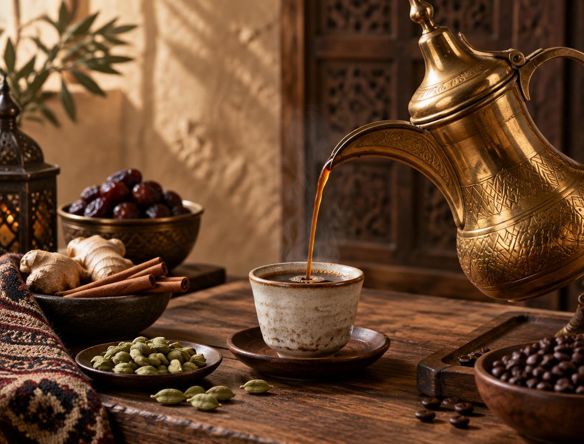 Traditional Yemeni coffee poured from an ornate brass pot
